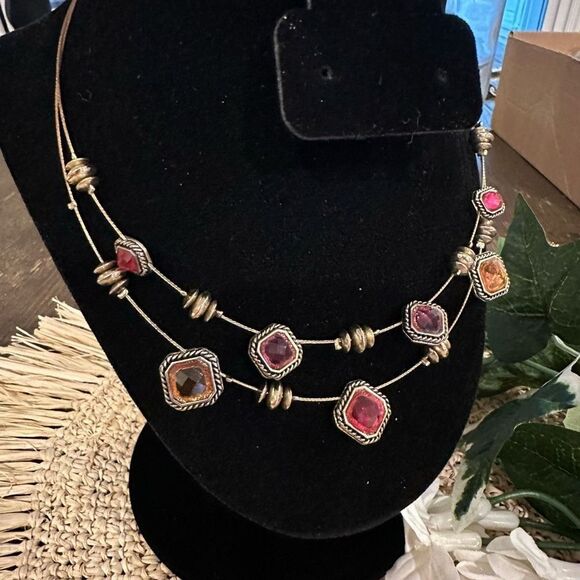 NAPIER Double Strand Gold Tone Bib Necklace - faux multicolored Gemstones - Picture 2 of 7